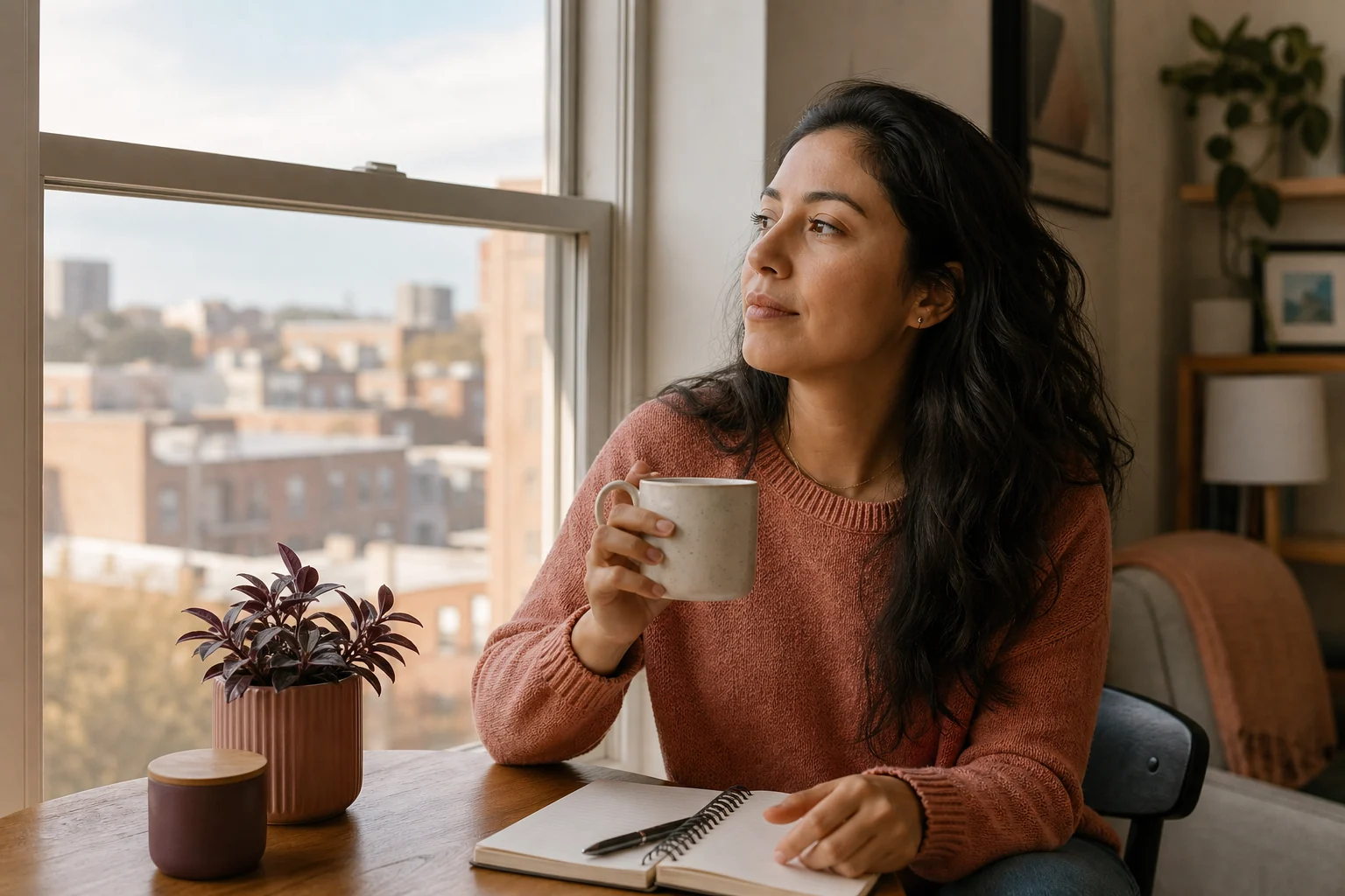 Woman reflecting beside a sunny apartment window