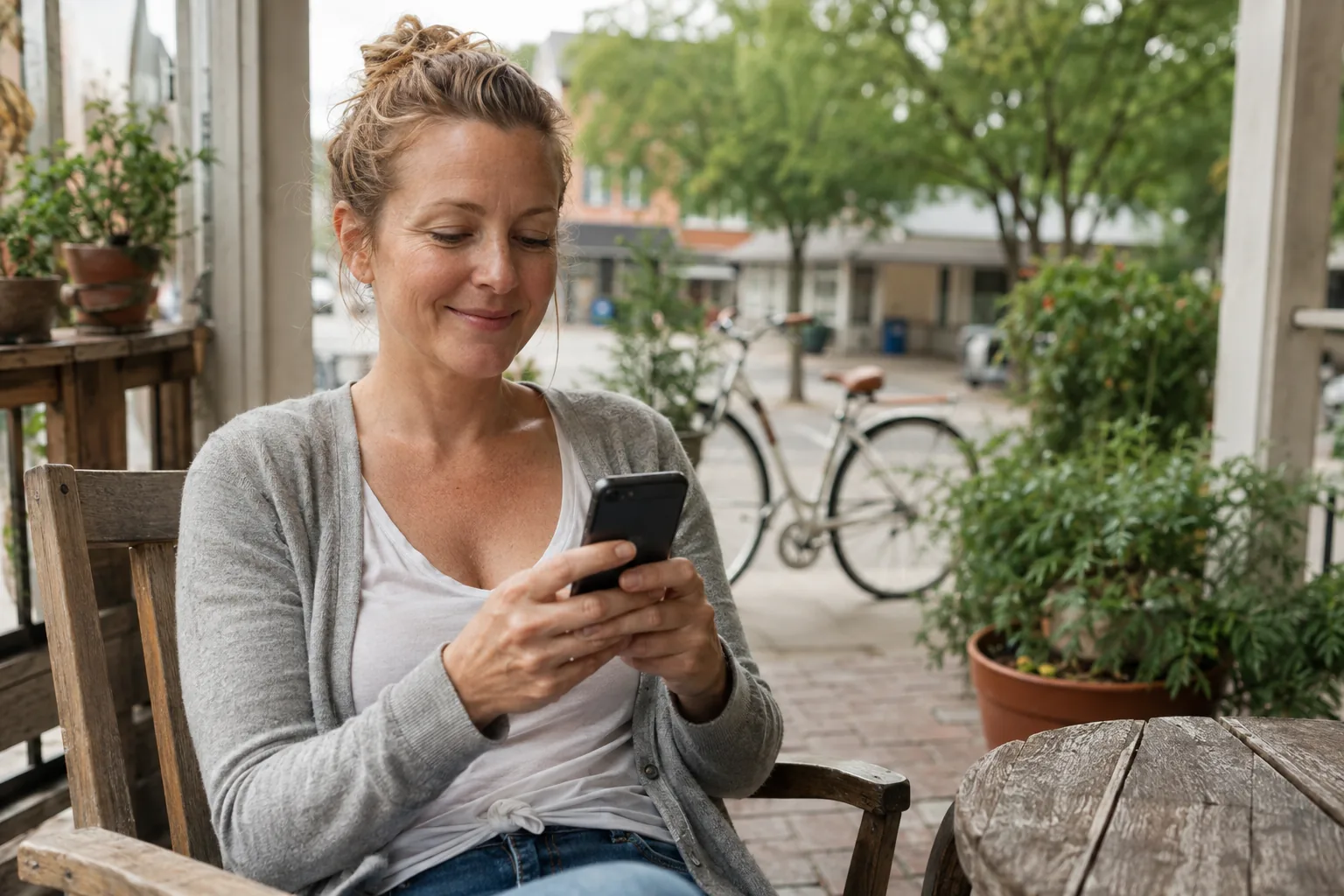 North Carolina woman writing a first dating message on her phone at a neighborhood patio