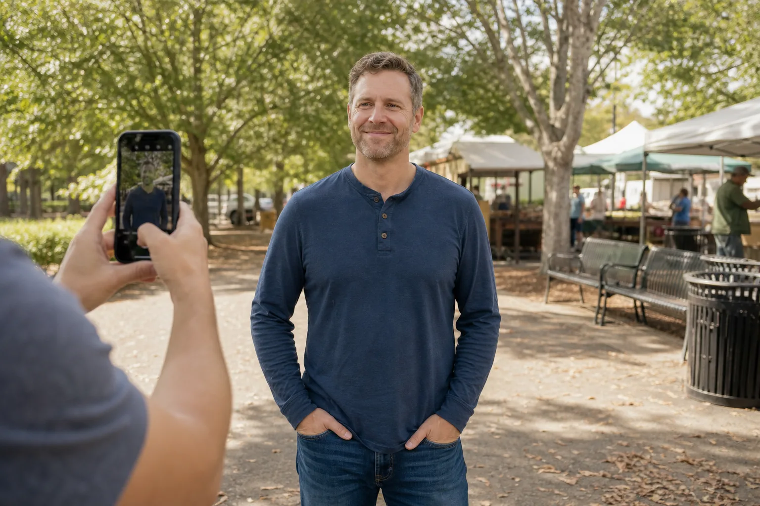 North Carolina man having a natural dating profile photo taken at a neighborhood market