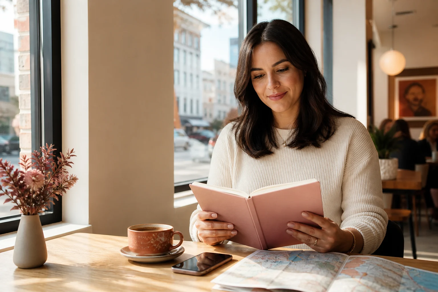 North Carolina woman reading a notebook at a Raleigh café