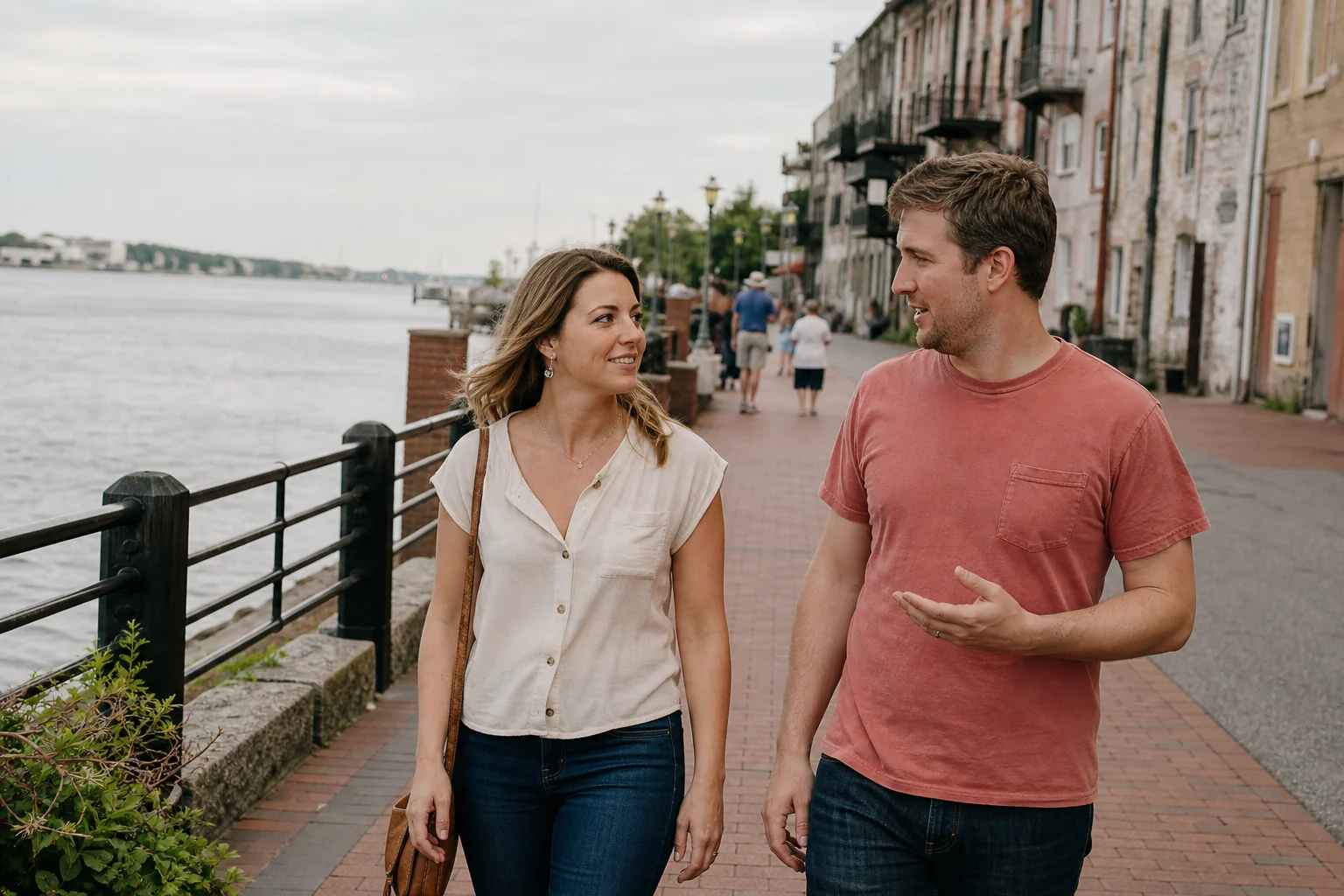 North Carolina couple walking along the Wilmington riverfront
