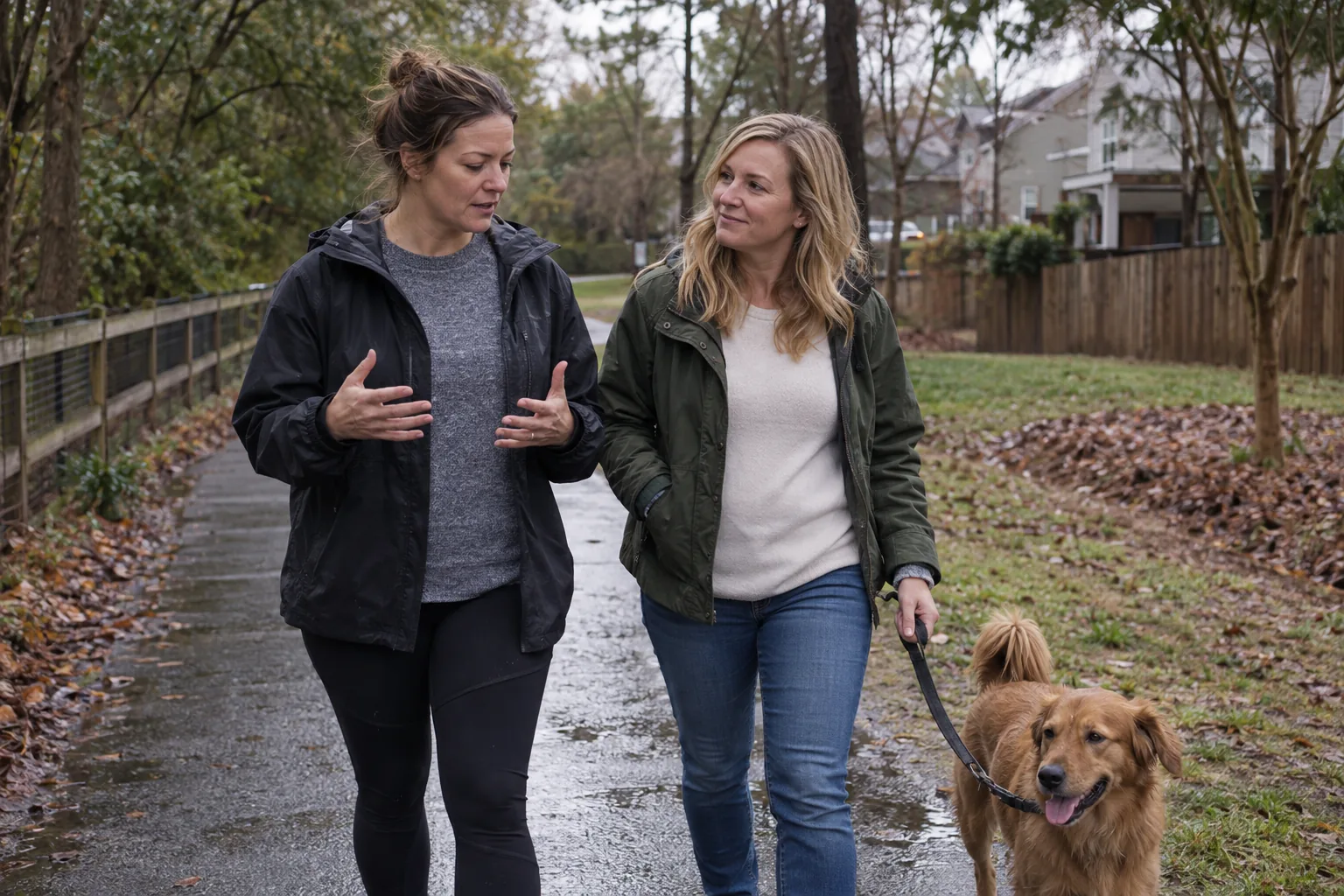 Two North Carolina friends talking while walking a dog after rain