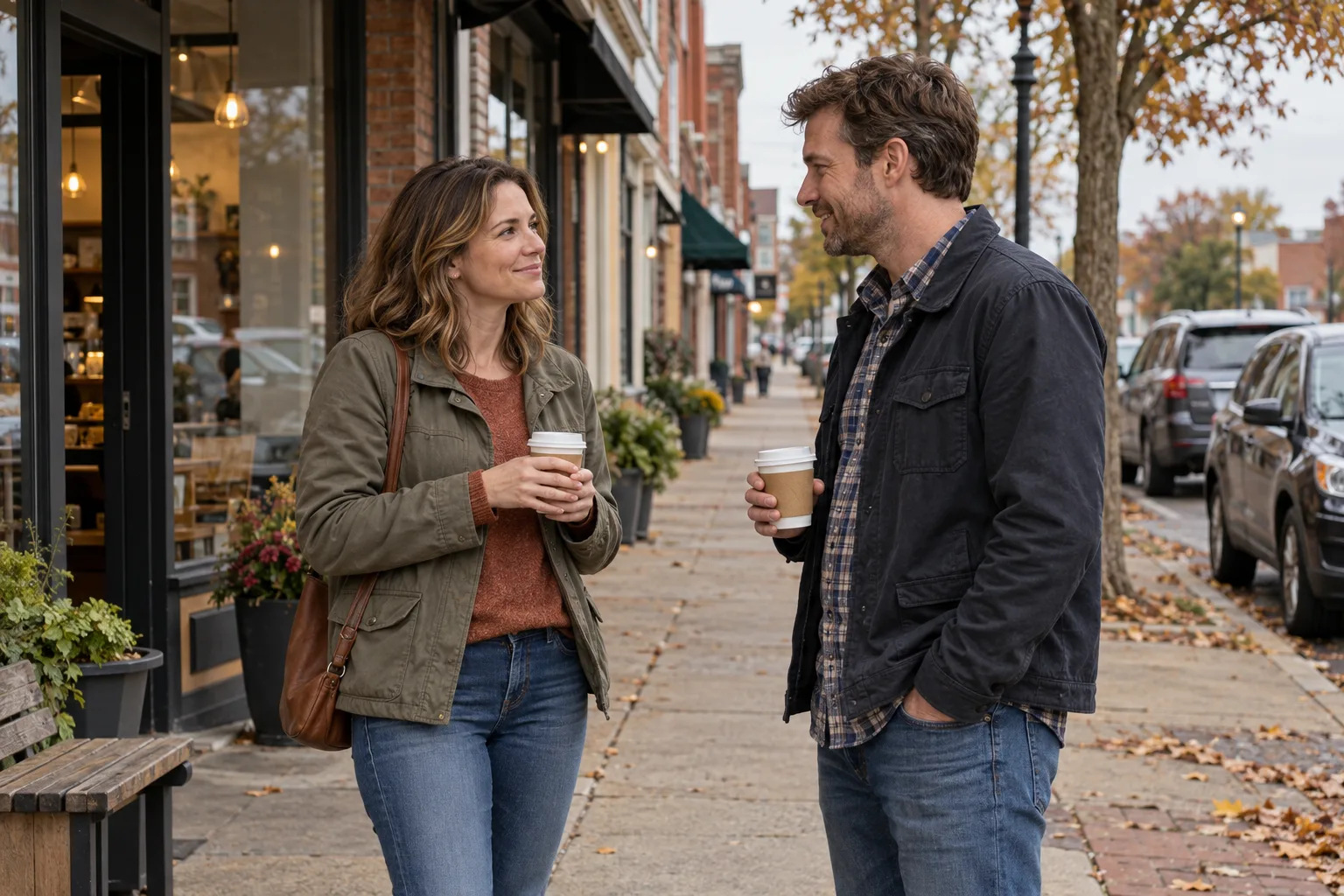 Two adults meeting outside a small-town café